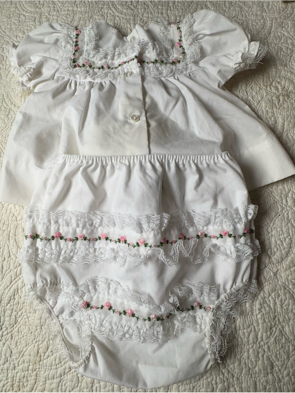 Vintage Classic White Baby Dress & Bloomers with Pink Rose Trim